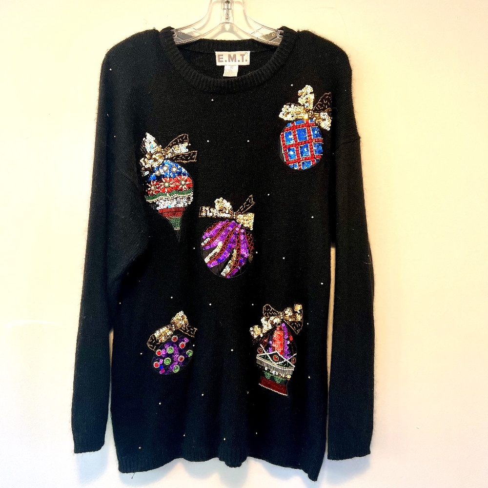 EMT 80's Vintage Black Silk Angora Sequins Ugly Christmas Holiday Sweater MED